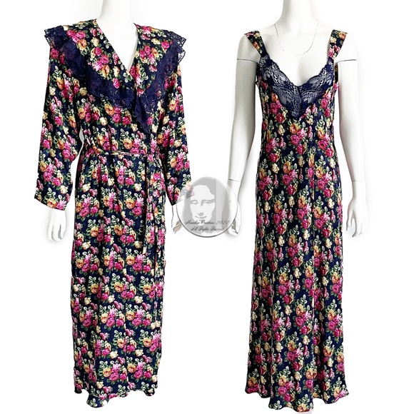 Victoria's Secret Nightgown & Bathrobe 2pc Silk Floral Print Lace Vintage M/L - Picture 1 of 10